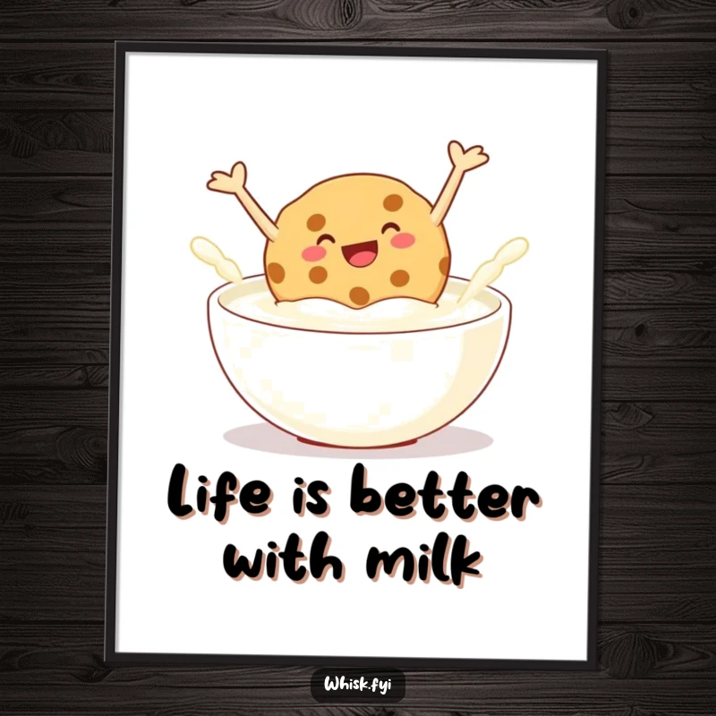 Funny Free Printable Wall Art: Giggling cookie joyfully jumping into a bowl of milk, creating a splash of humorous delight.
