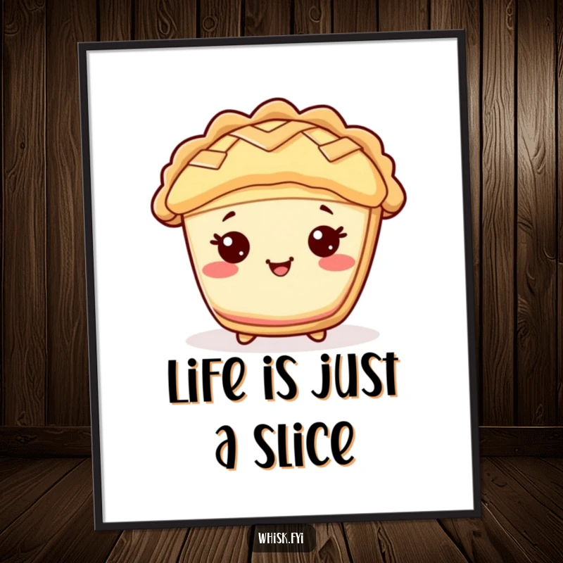 Funny Free Printable Wall Art showing a cheerful Kawaii pie character with a golden lattice top, joyfully cheering with a welcoming smile.