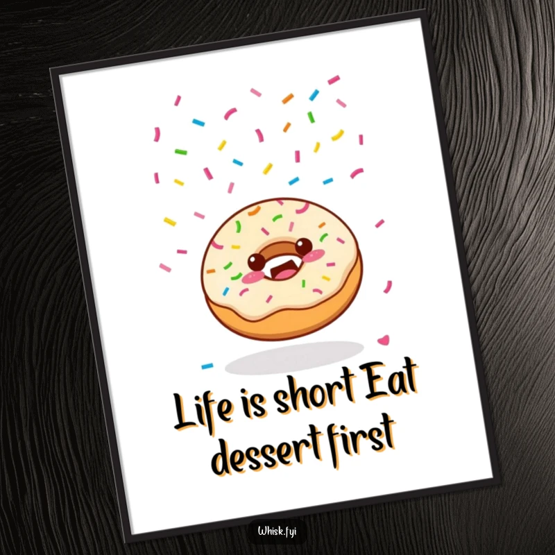 Funny Free Printable Wall Art A Kawaii donut happily showering a cascade of colorful sprinkles, adding festive flair.