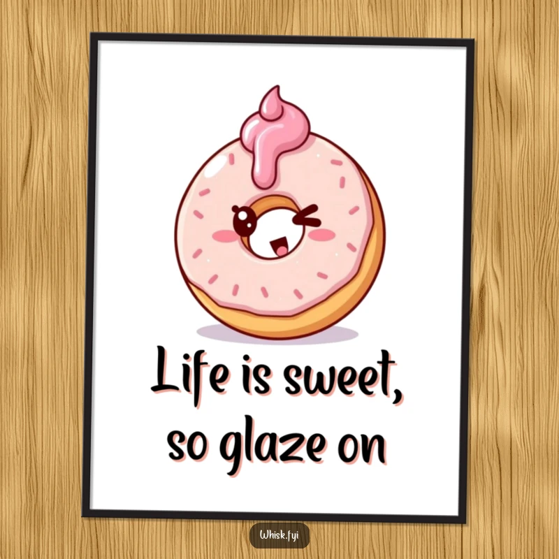 Funny Free Printable Wall Art of a playful doughnut winking mischievously while frosting another doughnut, a delightful sugary scene.