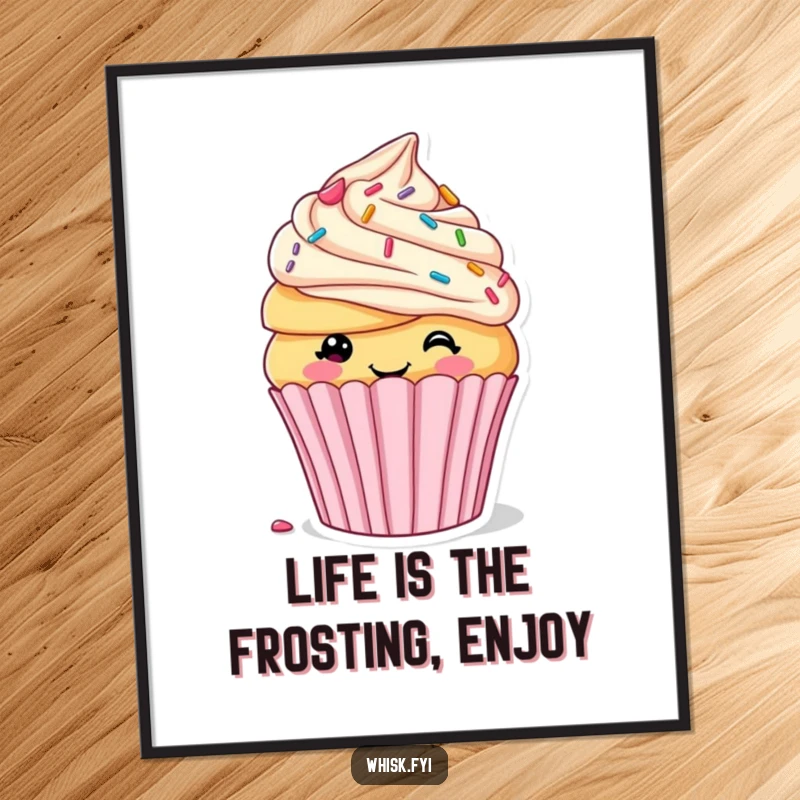 Funny Free Printable Wall Art: Smiling cupcake adorably decorating itself with frosting and sprinkles, bringing sweet, humorous charm to the wall.