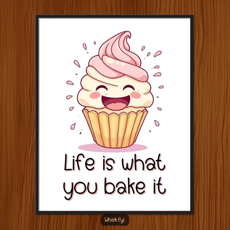 Funny Free Printable Cupcake Wall Art: a cupcake character in a state of hilarious laughter with frosting erupting from its head.