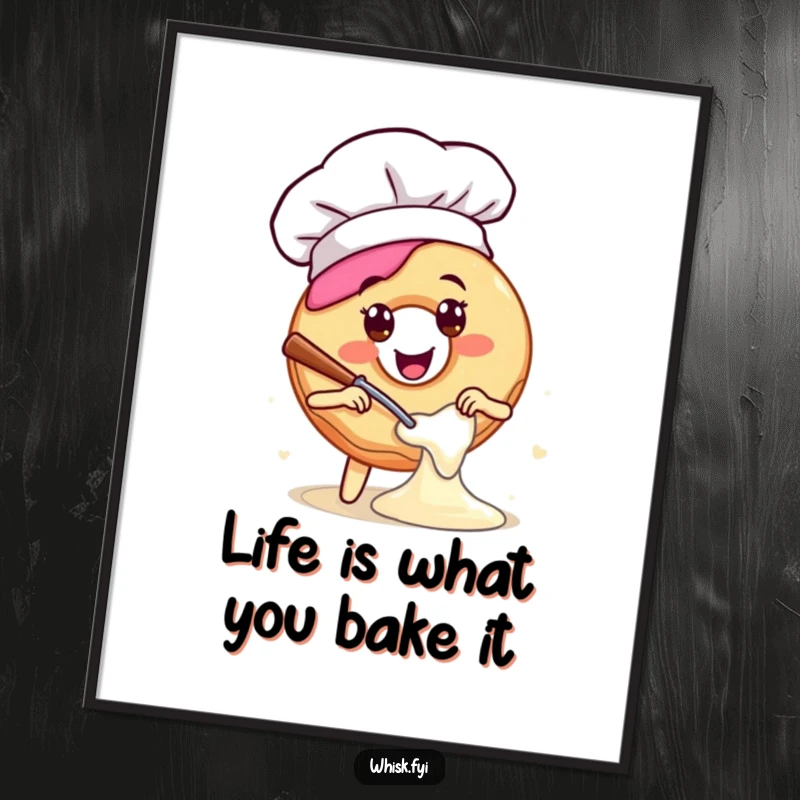 Funny Free Printable Wall Art: Smiling donut wearing a chef hat, enthusiastically mixing batter, bringing culinary humor to the wall.