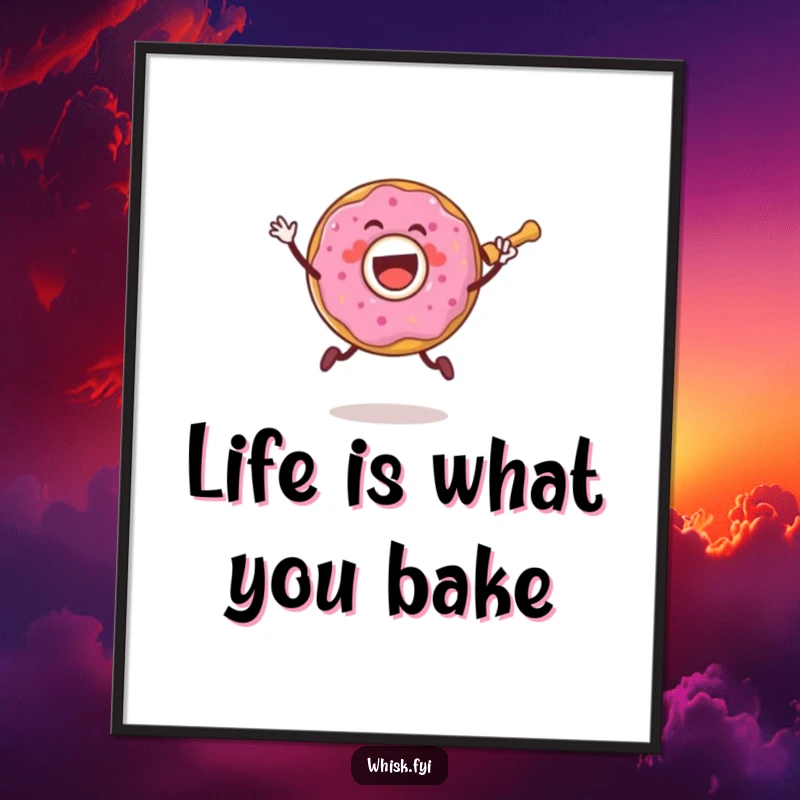 Funny Free Printable Wall Art: A happy donut character enthusiastically jumps holding a rolling pin.