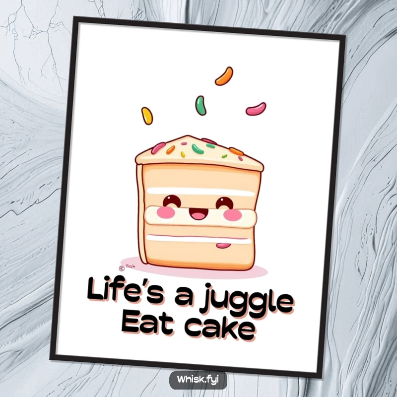 Funny Free Printable Wall Art: A slice of cake with a happy face skillfully juggles three vibrant, colorful sprinkles.
