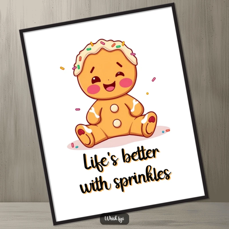 Funny Free Printable Wall Art: A joyous gingerbread character energetically decorating with a cascade of colorful sprinkles, bringing kitchen cheer.