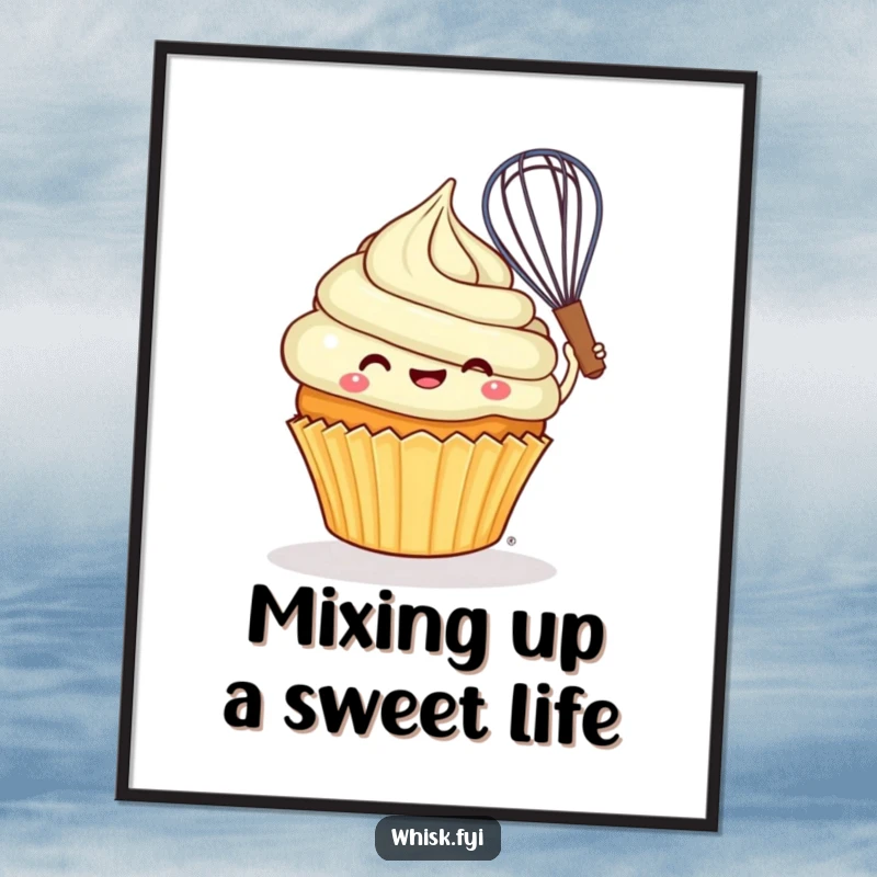 Funny free printable wall art: A cheerful cupcake joyfully swirls batter with a whisk, bringing sweetness and humor to decor.
