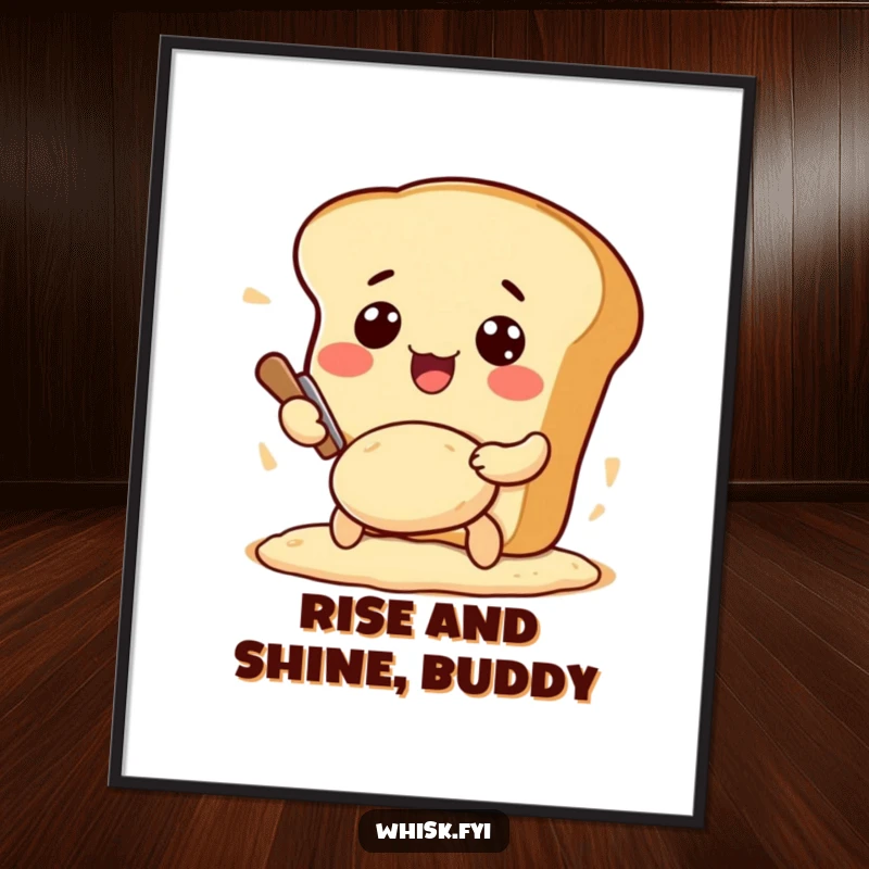 Funny Free Printable Wall Art of an excited Kawaii bread loaf character energetically kneading dough, bringing a cheerful baking vibe.