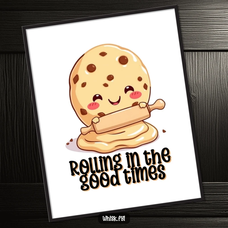 Funny Free Printable Wall Art of a happy cookie joyfully rolling dough with a miniature rolling pin, a baker's delight.