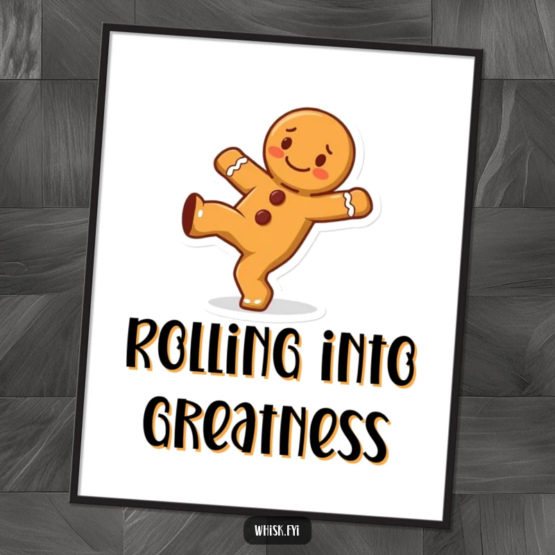 Funny Free Printable cheerful gingerbread man doing a cartwheel, energetic and humorous downloadable wall art for decor.