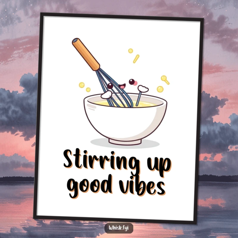 Funny Free Printable Wall Art: An energetic kawaii whisk stirring a bowl with a happy, dynamic flair.