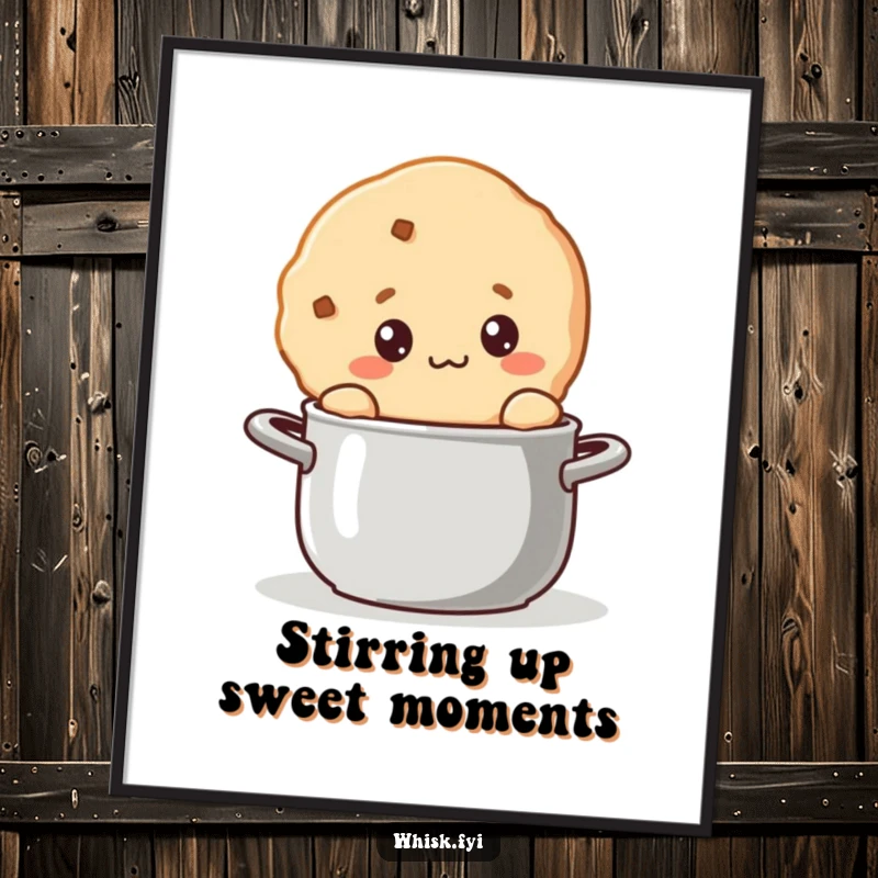 Funny Free Printable Wall Art: A kawaii cookie with a curious expression stirs a pot, creating an intriguing and delightful piece of art.