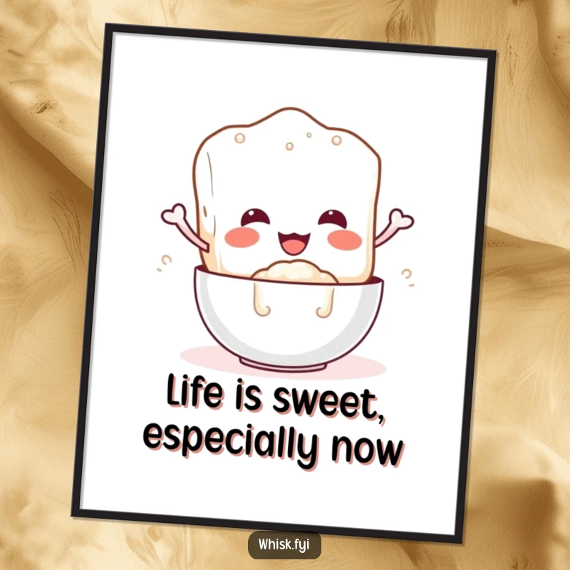 Funny free printable wall art featuring a smiling sugar cube character gleefully pouring its contents, a sweet and humorous decoration.