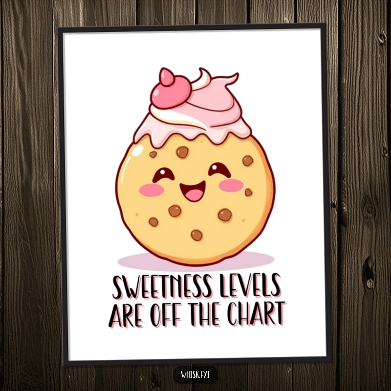 Funny Free Printable Wall Art: A kawaii cookie gleefully applies its own icing with a cheerful flourish, a delightful and sweet decoration, ready to print.