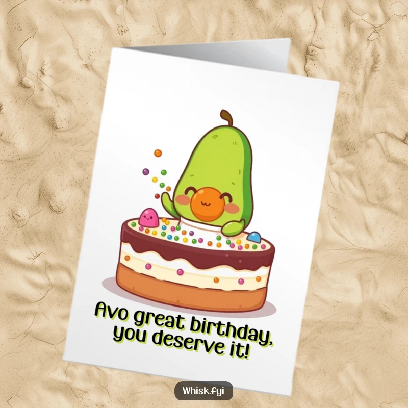 Funny Free Printable Birthday Card: A determined green avocado character in an apron sprinkles colorful dots onto a cake.
