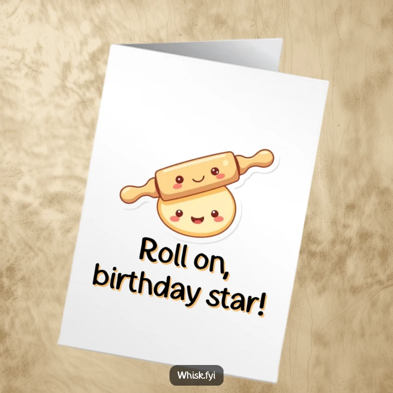 Funny Free Printable Birthday Card: A kawaii rolling pin merrily rolls over a smiling piece of dough, baking up birthday wishes, ready to print.