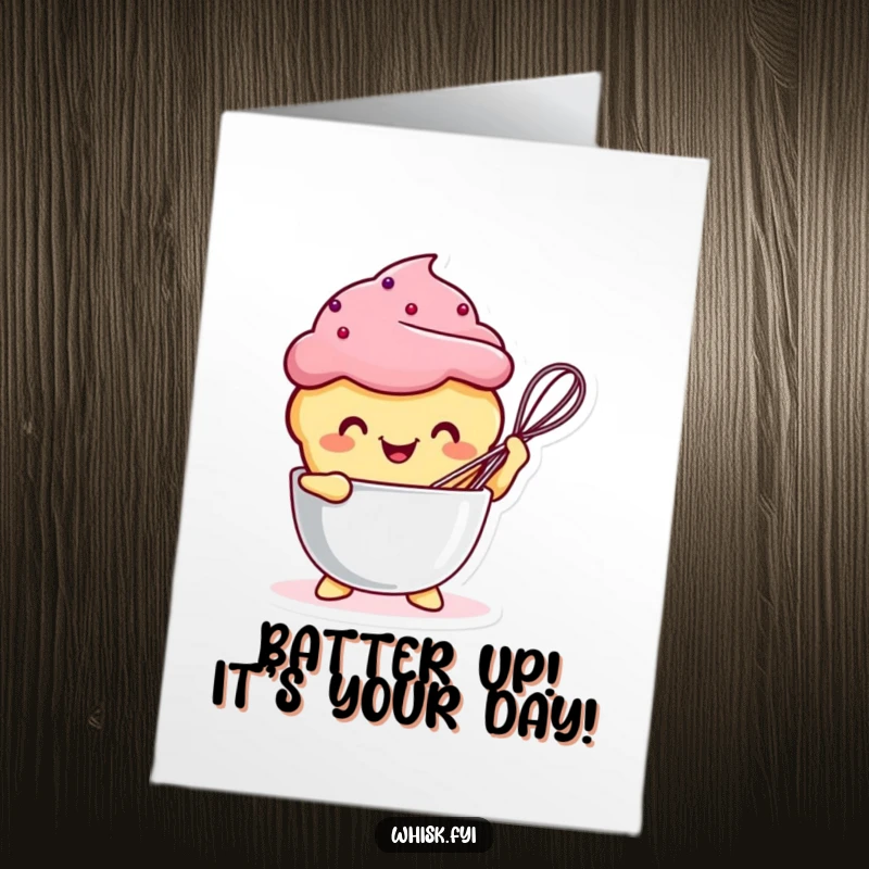 Funny Free Printable Birthday Card: Kawaii muffin happily whisking batter smiles widely, ready to celebrate.