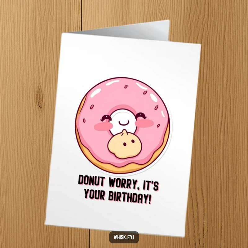 Funny free printable birthday card showing a blushing donut shyly frosting a small cookie, sending sweet wishes.