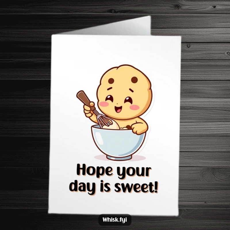 Funny Free Printable Birthday Card: Happy cookie character vigorously whisking batter, celebrating your special day with messy joy.
