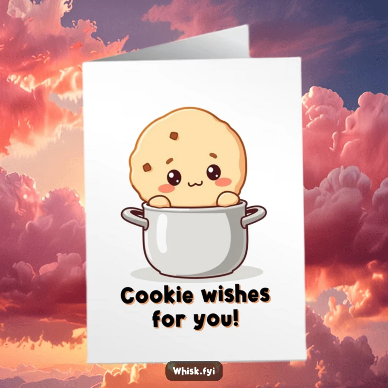Funny Free Printable Birthday Card: A kawaii cookie with a curious expression stirs a bubbling pot, hinting at birthday surprises.