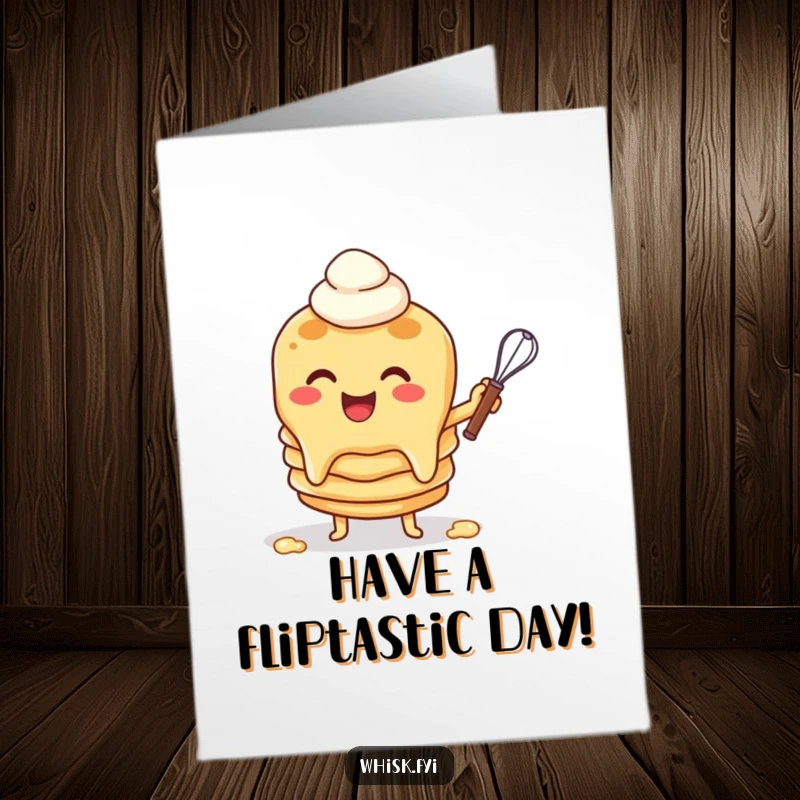 Funny Free Printable Birthday Card: Cheerful pancake character flipping batter with a whisk, celebrating your day with breakfast flair.
