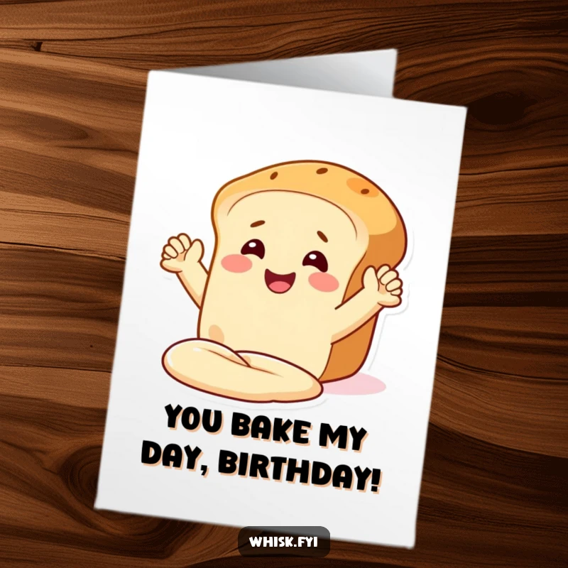 Funny Free Printable birthday card of a smiling bread loaf happily kneading dough with its arms, perfect for bakers.
