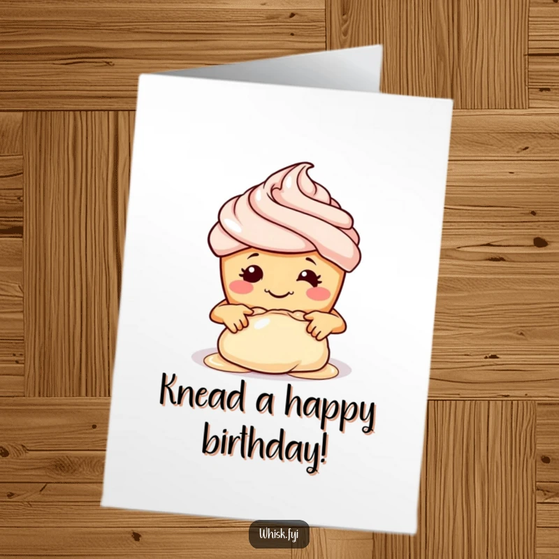 Funny Free Printable Birthday Card: Smiling cupcake kneading dough with tiny hands, ready to bake a laugh.