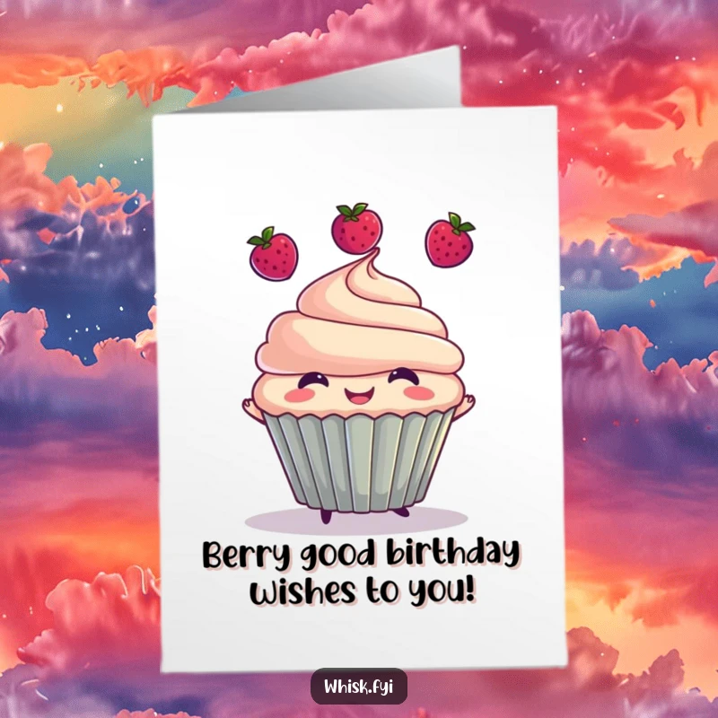 Funny Free Printable Birthday Card featuring a cheerful cupcake character joyfully juggling three small berries with a big smile.