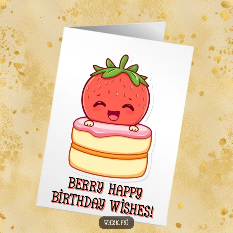 Funny Free Printable Birthday Card: Cheerful strawberry zipping two cake layers together with excitement and frosting.
