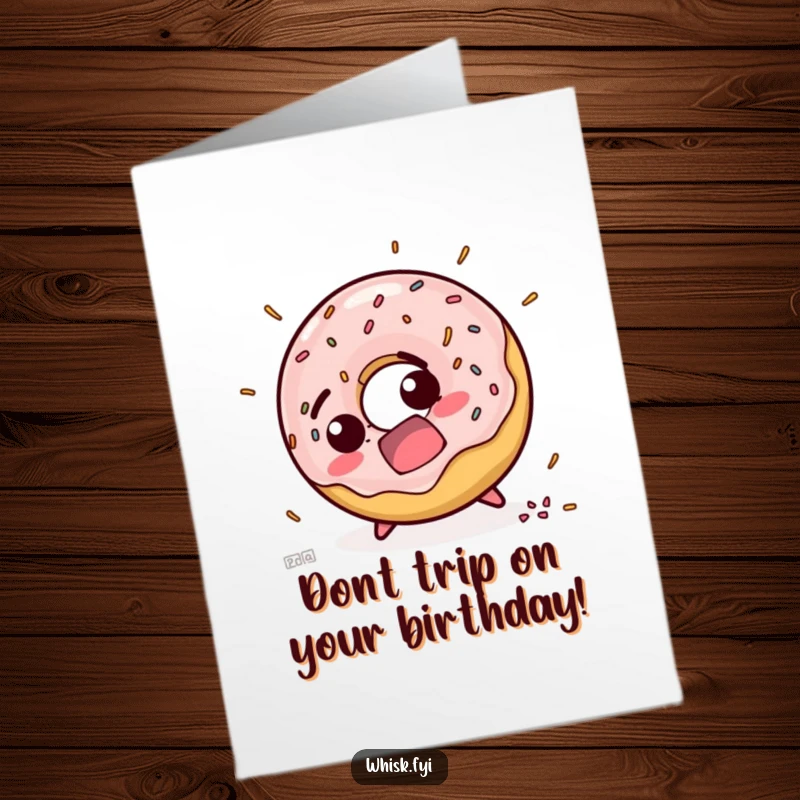 Funny Free Printable Birthday Card: A startled donut character mid-trip, with sprinkles scattering dramatically, for a humorous birthday wish.