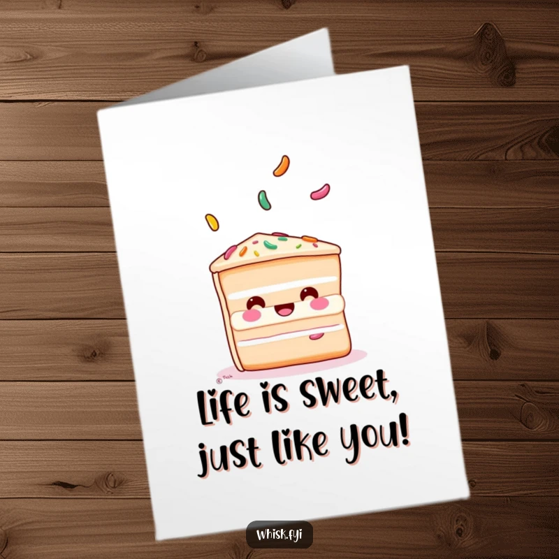 Funny Free Printable Birthday Card: A playful slice of cake expertly juggles three colorful sprinkles, celebrating your birthday.