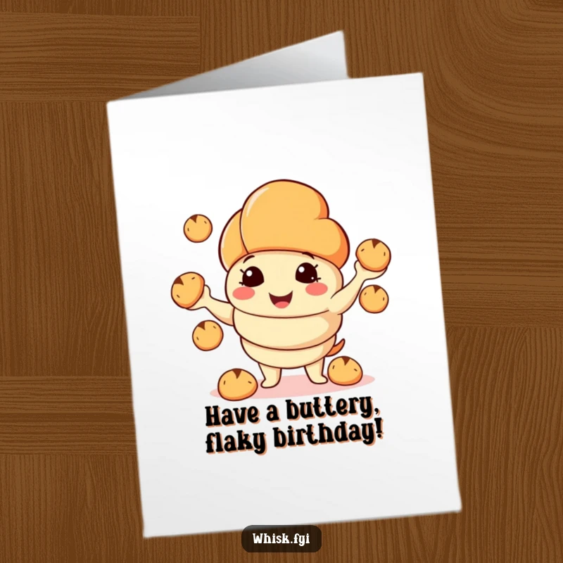 Funny Free Printable Birthday Card: Smiling croissant juggling mini bread rolls, joyful and delicious, a unique downloadable gift.