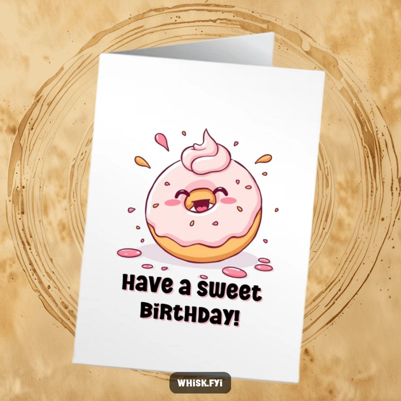 Funny Free Printable Birthday Card: Kawaii donut joyfully splattering frosting with playful abandon, sweet celebration.
