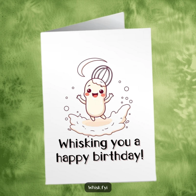 Funny Free Printable Birthday Card: Happy whisk twirls playfully in flour, celebrating a birthday.