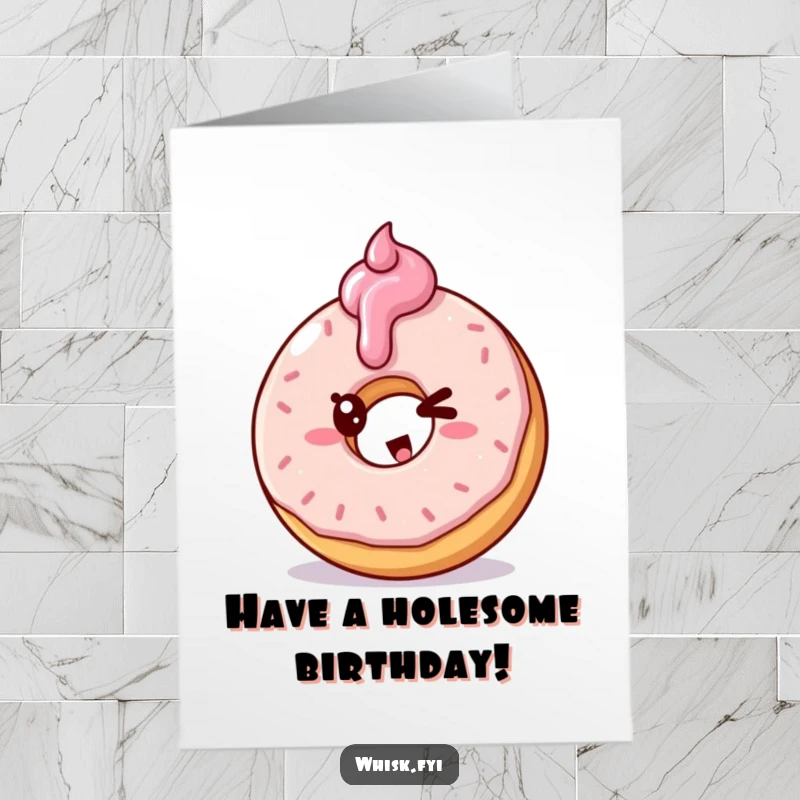 Funny Free Printable Birthday Card featuring a playful doughnut winking while frosting another doughnut, a delightful confectionary surprise.