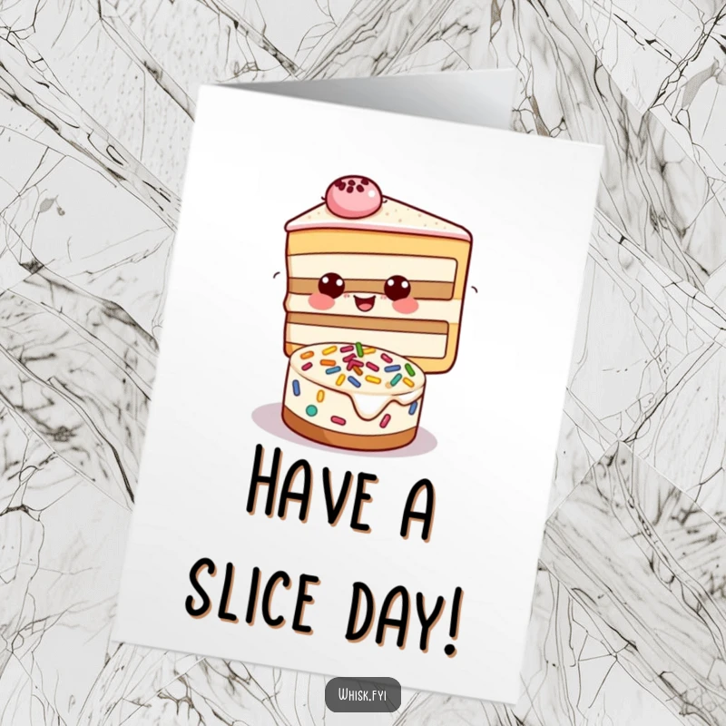 Funny Free Printable Birthday Card showing a beaming slice of cake happily decorating a smaller cake with colorful sprinkles, a sweet celebration.