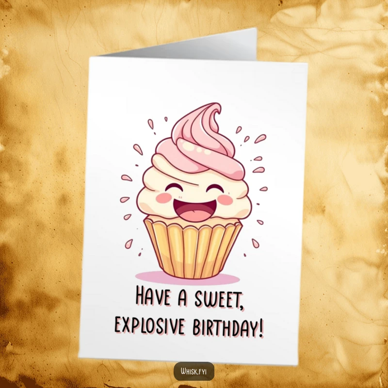 Funny Free Printable Cupcake Birthday Card: a cupcake character laughing hysterically as its frosting explodes off its head.