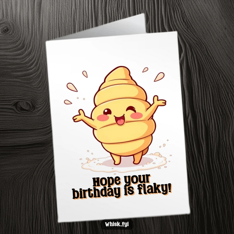 Funny Free Printable Birthday Card Beaming Kawaii croissant joyfully tossing a cloud of flour, ready for a birthday bake.