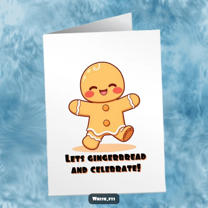 Funny Free Printable Birthday Card with a giggling Kawaii gingerbread man character enthusiastically doing a happy jig, spreading birthday cheer.
