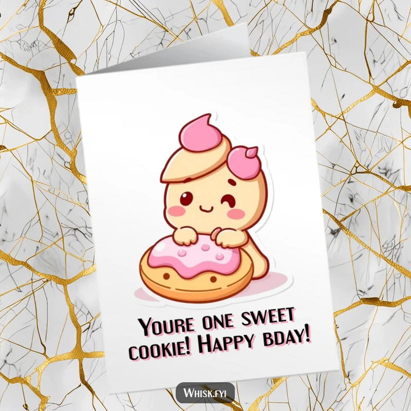 Funny Free Printable Birthday Card Kawaii cookie happily icing another cookie, sharing the joy of creation.