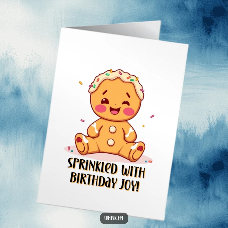 Funny Free Printable Birthday Card: A joyous gingerbread character joyfully decorating with colorful sprinkles, spreading holiday cheer.
