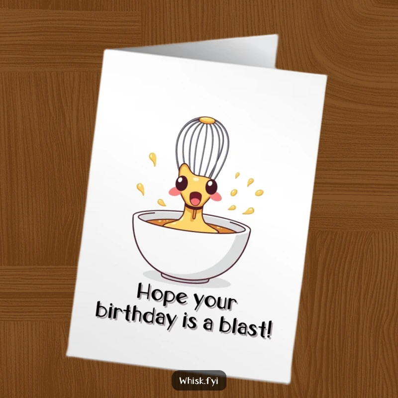 Funny Free Printable Birthday Card: A surprised whisk spins erratically in a bowl, conveying chaotic birthday excitement.