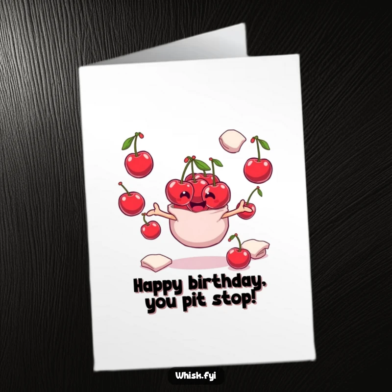 Funny Free Printable playful bunch of cherries juggling flour sacks for a birthday card, whimsical and humorous downloadable art.