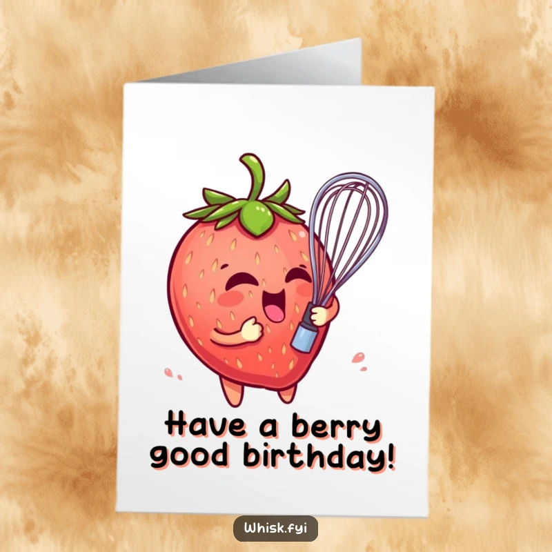 Funny Free Printable Birthday Card: Playful strawberry character comically entangled in a whisk, bringing berry sweet birthday wishes.