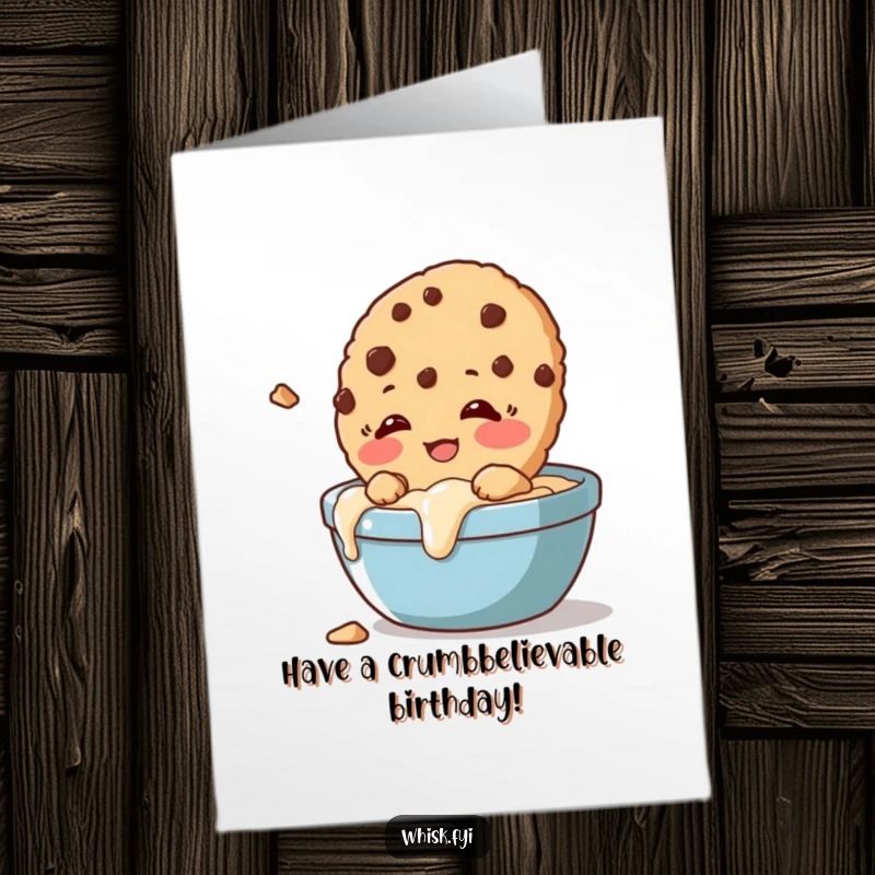 Funny free printable birthday card showing a giggling cookie slightly crumbling as it's dunked, celebrating joyfully.