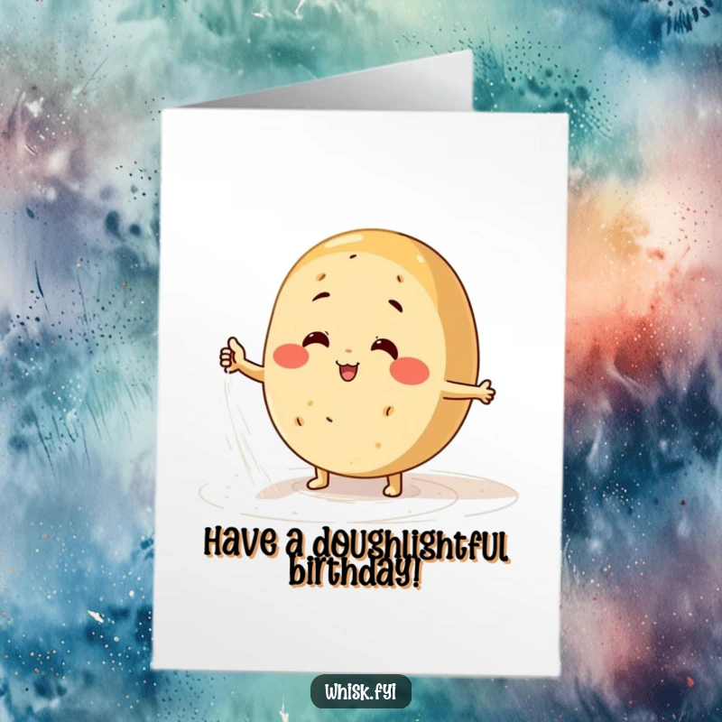 Funny Free Printable Birthday Card: A round bread character energetically dusts flour on a surface, creating a whimsical birthday scene.