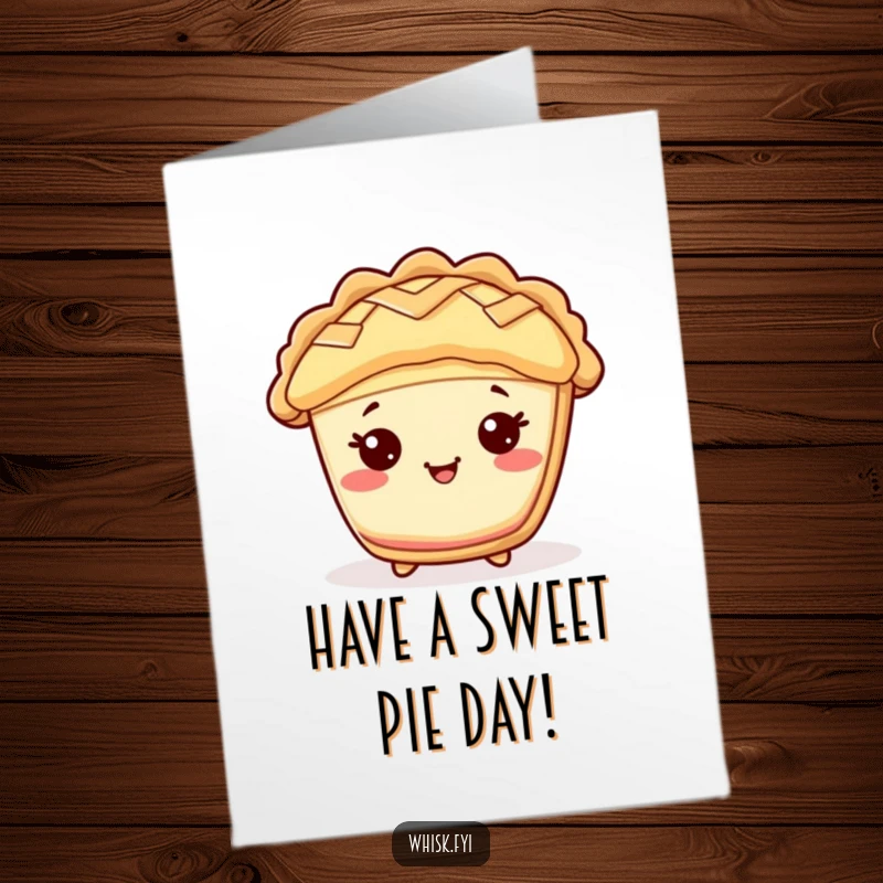 Funny Free Printable Birthday Card showing a cheerful Kawaii pie character with a lattice top, raising tiny arms in a happy cheer.