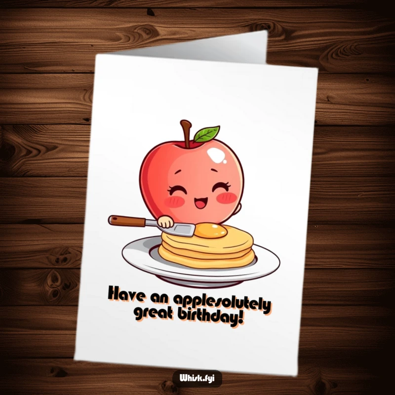 Funny Free Printable Birthday Card: Blushing red apple character flipping a pancake with flair using a tiny spatula.