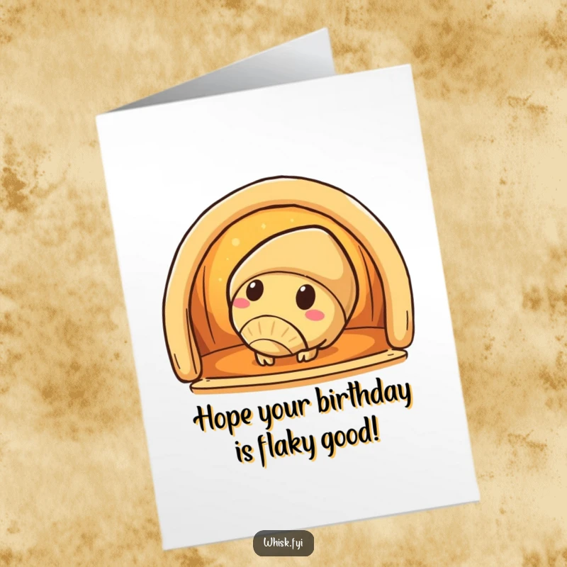 Funny Free Printable Birthday Card: A curious croissant character peeks into a warm, inviting oven.