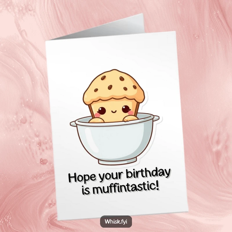 Funny Free Printable Birthday Card: Curious muffin peaking from a mixing bowl, ready for a hilarious celebration. A perfect downloadable gift.